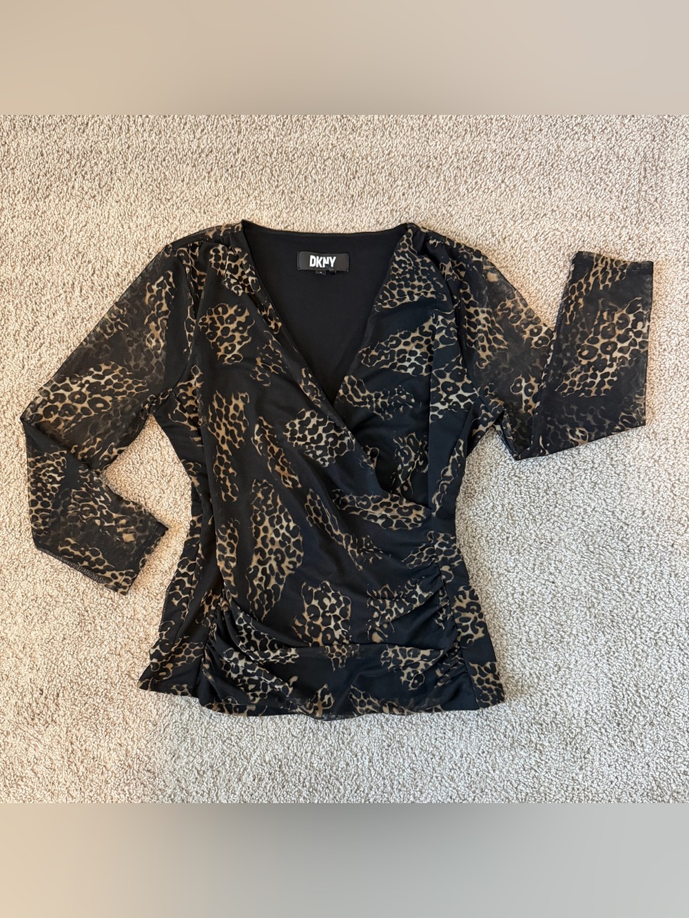 DKNY Black and Brown Leopard-Print Wrap-Style Ruching Mesh Long Sleeve Top